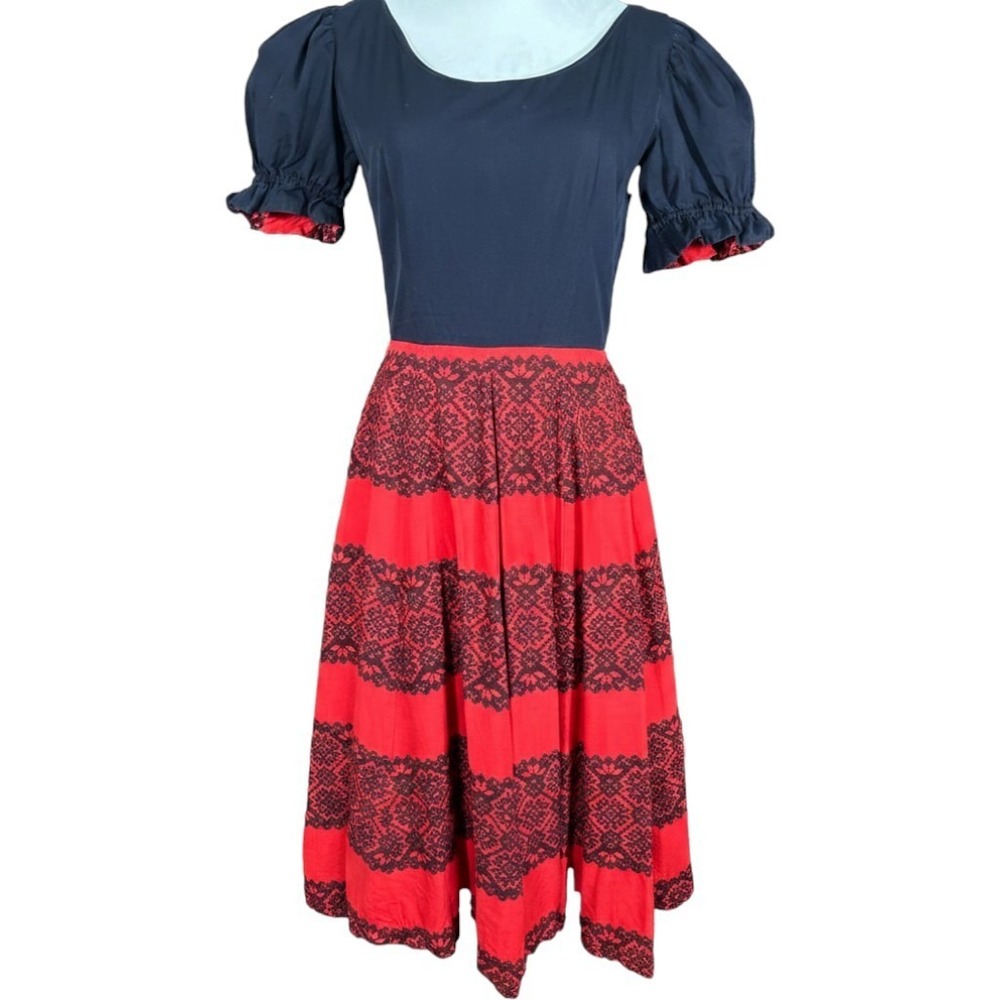Vintage Leslie Fay Boho Gothic Whimsigoth  Mod Dress Puff Sleeves Lace Print